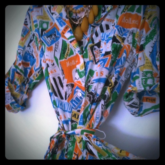 Jcrew belted Shirtdress w/ vintage travel print