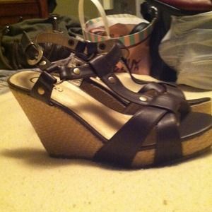 Candies brown leather wedges