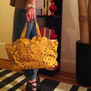 REDUCED Yellow Tote - Leather Leaf Cutouts