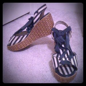 A Pair Of Navy Blue & Off White Ankle Wrap Wedges!