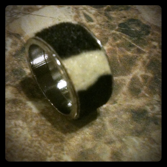 Black and white pony hair silver ring