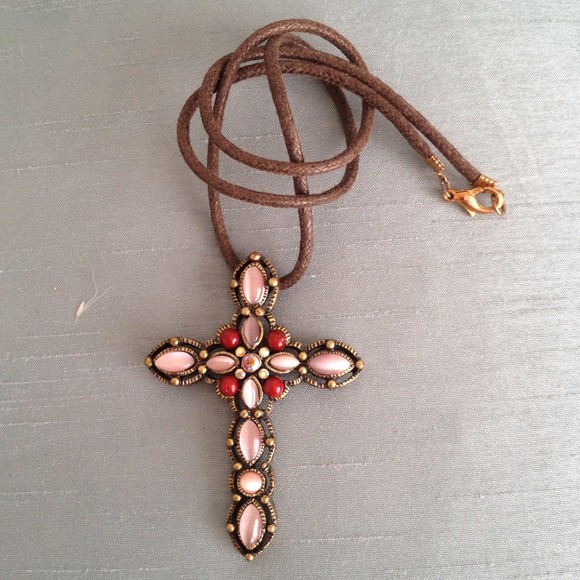 💢SOLD💢Pink & Red Cross - Leather Necklace