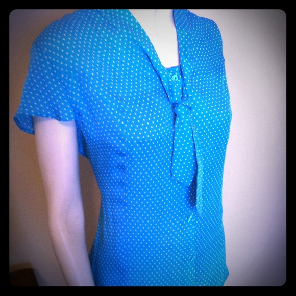 SOLD!Retro Blue Blouse with White Polka Dots