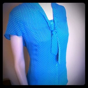 SOLD!Retro Blue Blouse with White Polka Dots