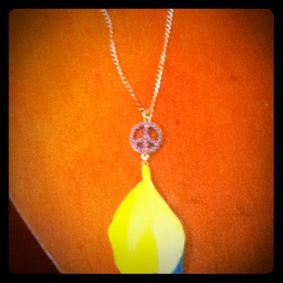 Yellow, Green, Turquoise Feather Peace  Necklace.