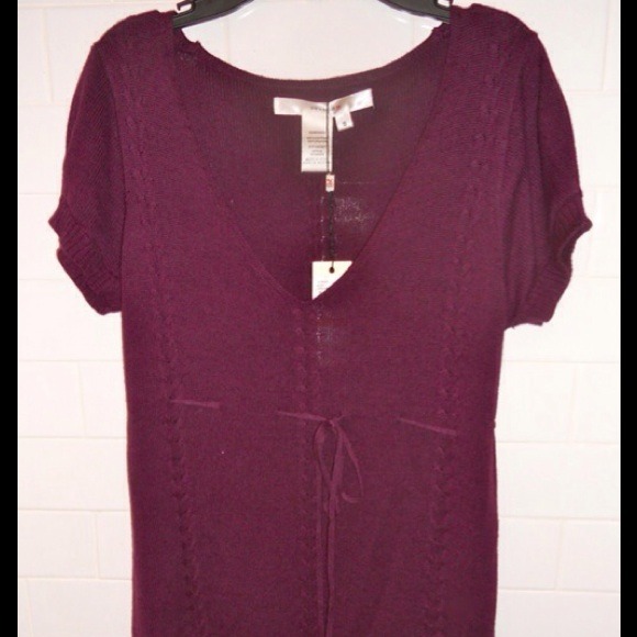 Burgundy Short Sleeve Knit Sweater Dress Tie Waist