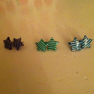 Earrings ( from left to right) purple, green, blue