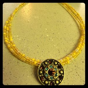 Yellow beaded brand new necklace w/ copper pendant