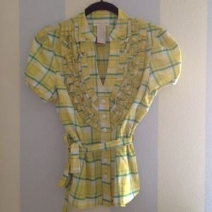 Yellow plaid top with tie around waist