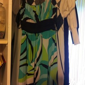 spaghetti strap green brown white and blue dress