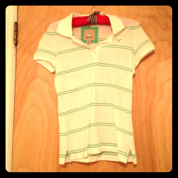 Hollister Co. white polo with mint green stripes.