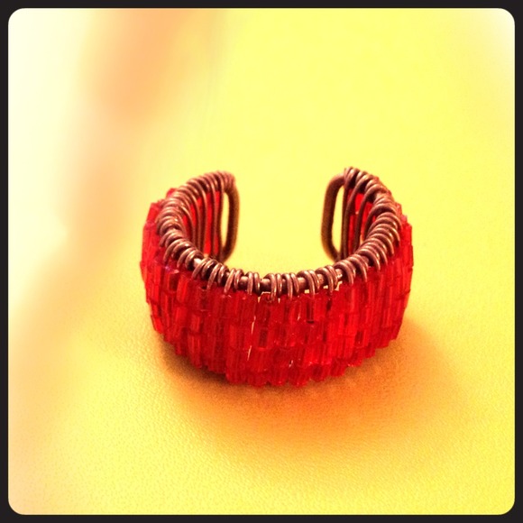 Red hand-made wire beaded ring...adjustable!