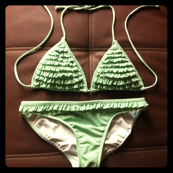Green/White Striped Ruffle Bikini
