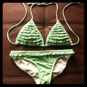 Green/White Striped Ruffle Bikini