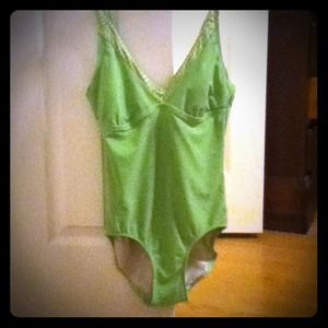 Green polkadot one piece swimsuit