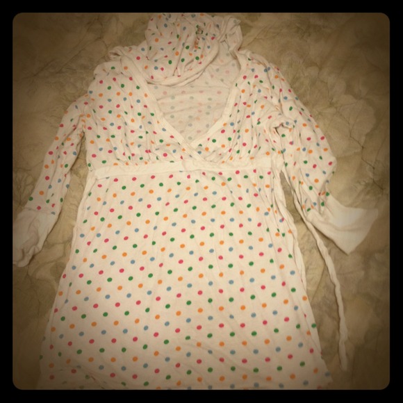 *Pretty Colorful Polka Dot 3/4 Sleeve Hooded V Neck Top Size Small Side Ties - Picture 1 of 4