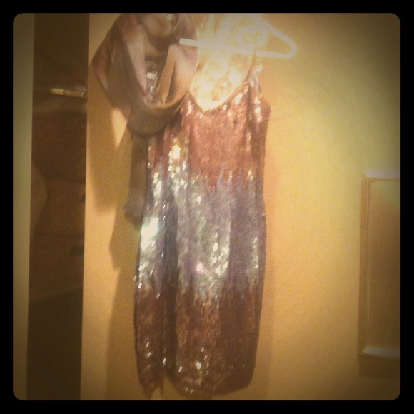 sequin covered silk evening dress with  silk scarf