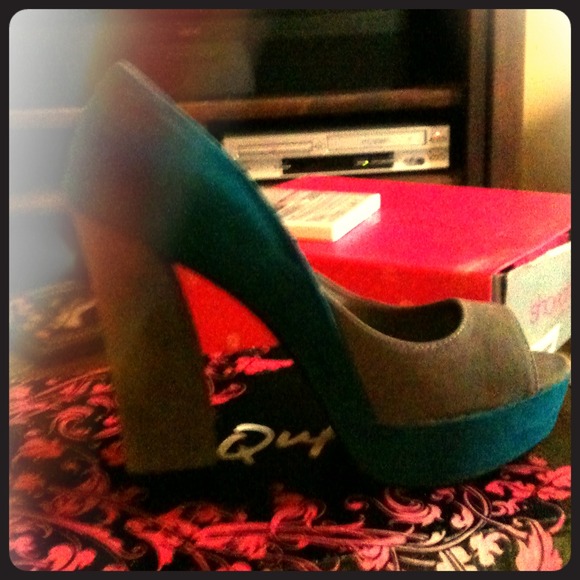 Teal and grey velvet open toe heels