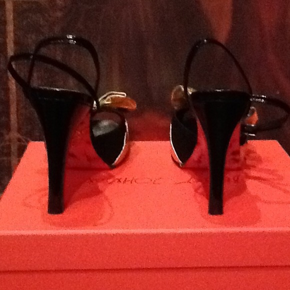 Betsey Johnson black lace trim heels with gold bow - Picture 2 of 4