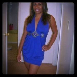 Halter top blue dress w attached stone belt