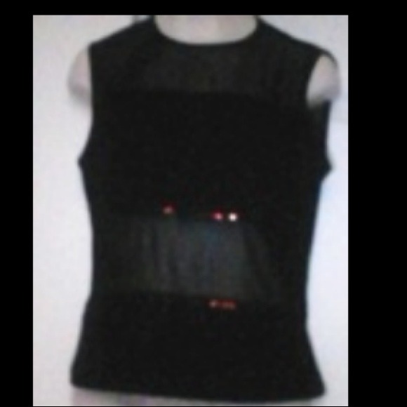 {•} Hot black sheer top, sequence trim accent.