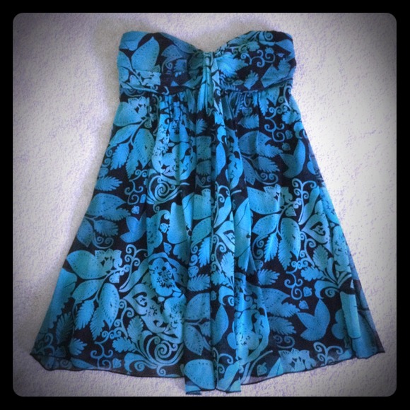 Turquoise and black strapless dress