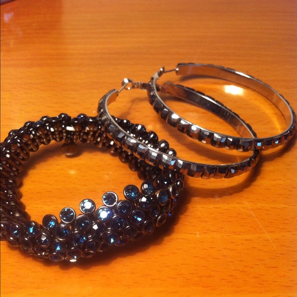 Rhinestone J-Crew bracelet and hoop earrings.