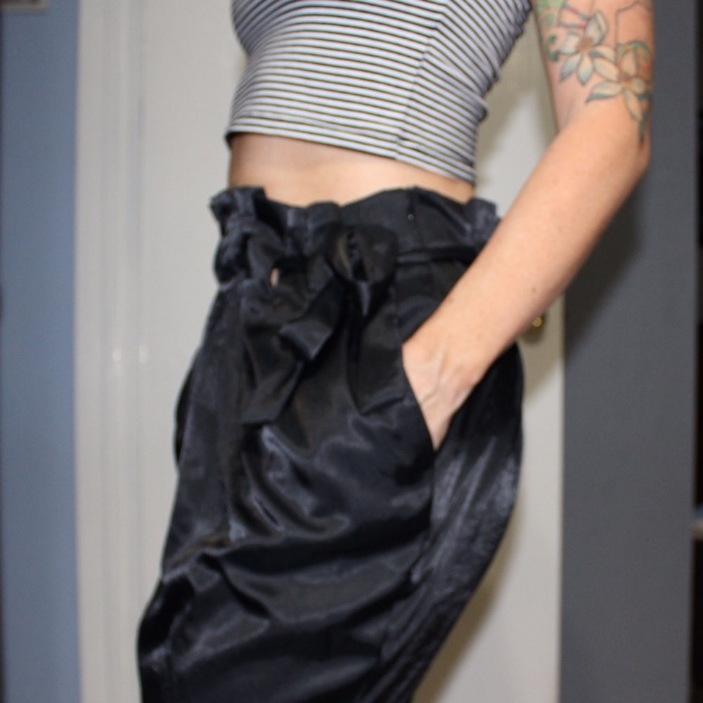 Black satin paper bag skirt