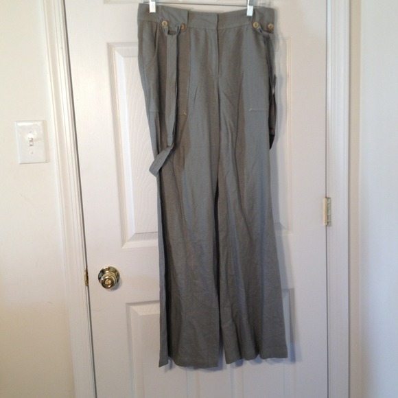 Blue gray linen pants with suspenders
