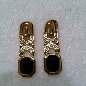 GOLDTONE CLIP EARRINGS W/ BLK STONE &FAUX DIAMONDS