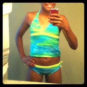 Yellow, green, blue multi tankini