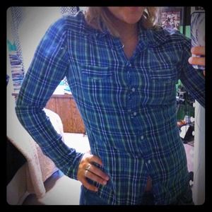 Blue and green plaid long sleeve top