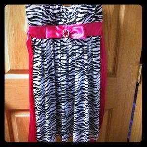 Zebra Print dress with pink sash and jewel