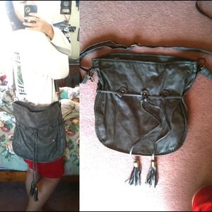 RESERVED UO gray messenger bag and leather jacket