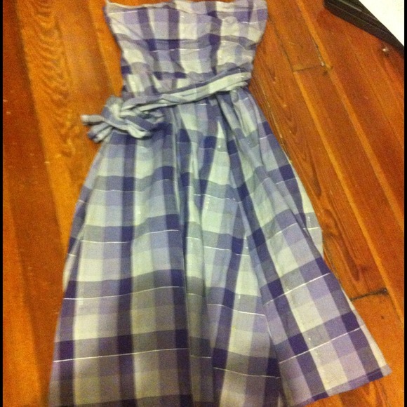 Purple strapless plaid dress