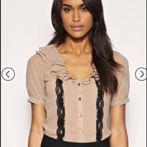 ASOS Contrast Lace Ruffle Neck Blouse black/cream