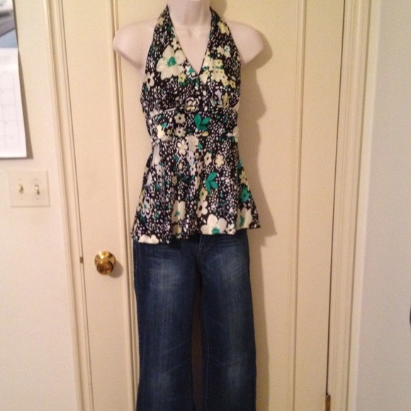 Szmed blk&floral satin halter,low back - Picture 3 of 4