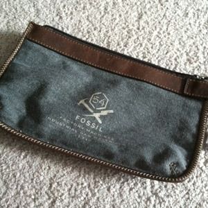 Gray denim and brown leather Fossil clutch