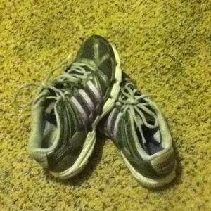 Purple and gray adidas shoes:)