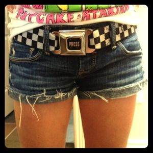 Abercrombie destroyed dark wash shorts.