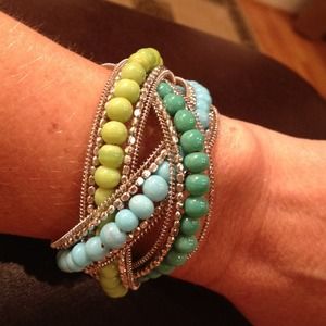 Lime green, teal,  beaded bracelet silver trim.