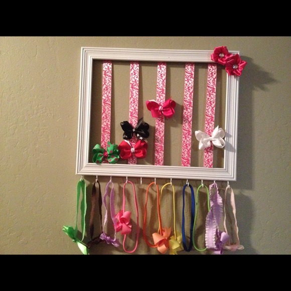 White with pink damask headband bow holder