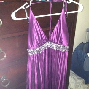 Purple rhinestone and pleated halter dress.