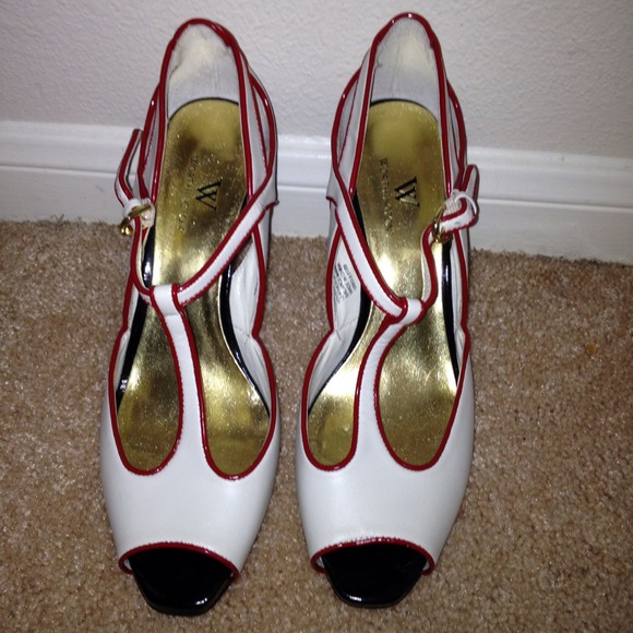 Shoes - T-strap cream, red, and black pumps