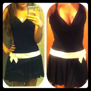 Black and white cocktail halter dress with bow