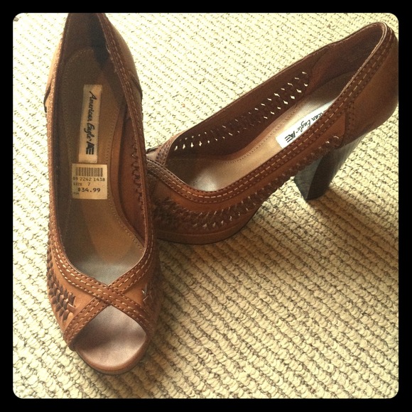 American Eagle brown peep toe heels.