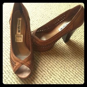 American Eagle brown peep toe heels.
