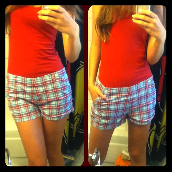 Blue and red plaid shorts.