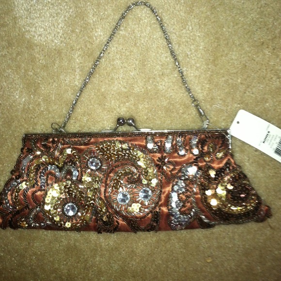 NWT Brown Glitzy Satin Clutch Bag