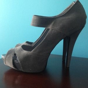 Gray Suede Peep-Toe Platforms